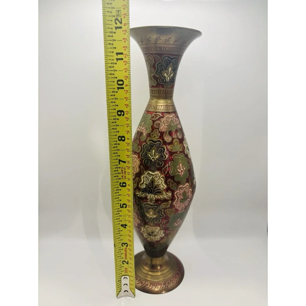 Vintage Indian Brass Vase Ornate Enameled Etched Floral Boho Red Green Gold